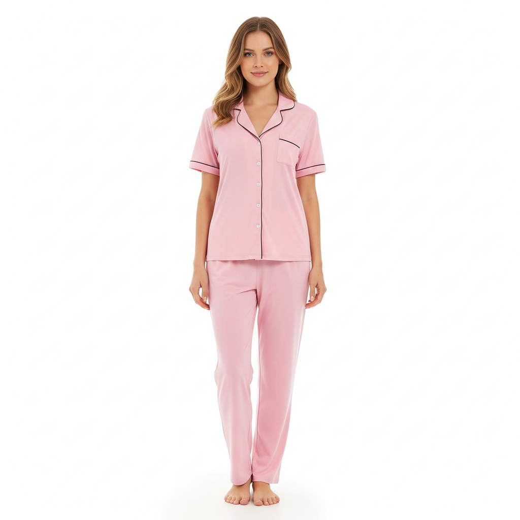 Pajamas Set With Notch Collar Button Down Top And Long Pants For Women