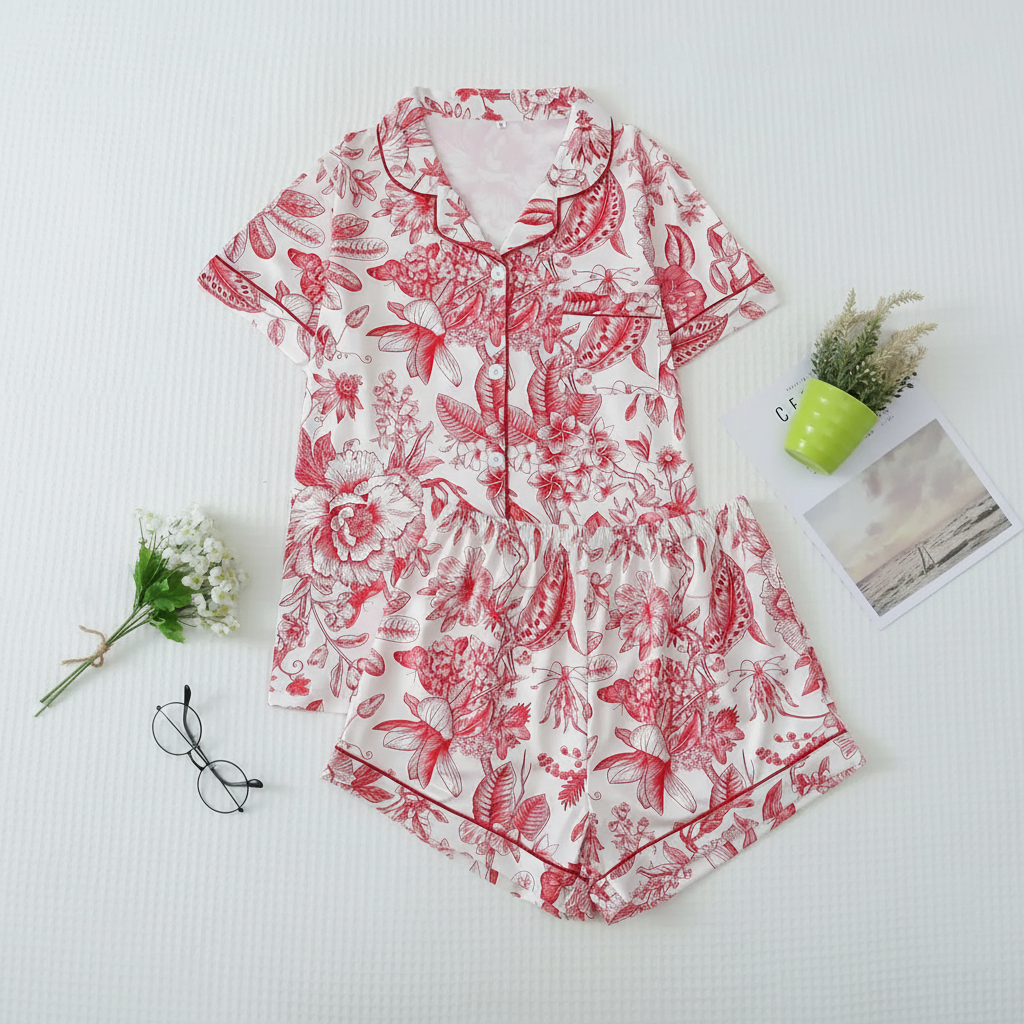 Floral Print Lapel Short Sleeve Pajama Set For Women