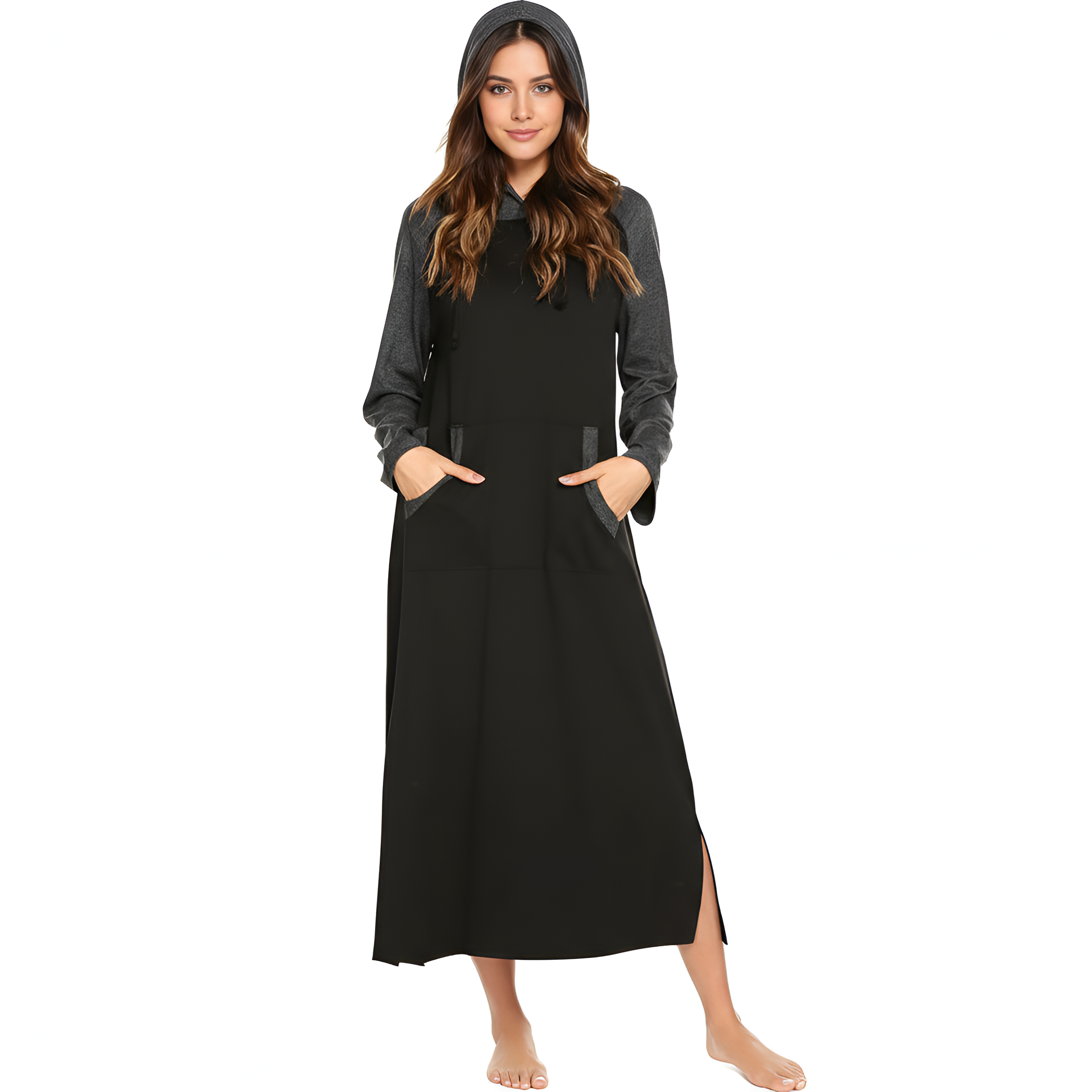 Hooded Nightgown Long Sleeve Full Length Loungewear With Pocket For Women