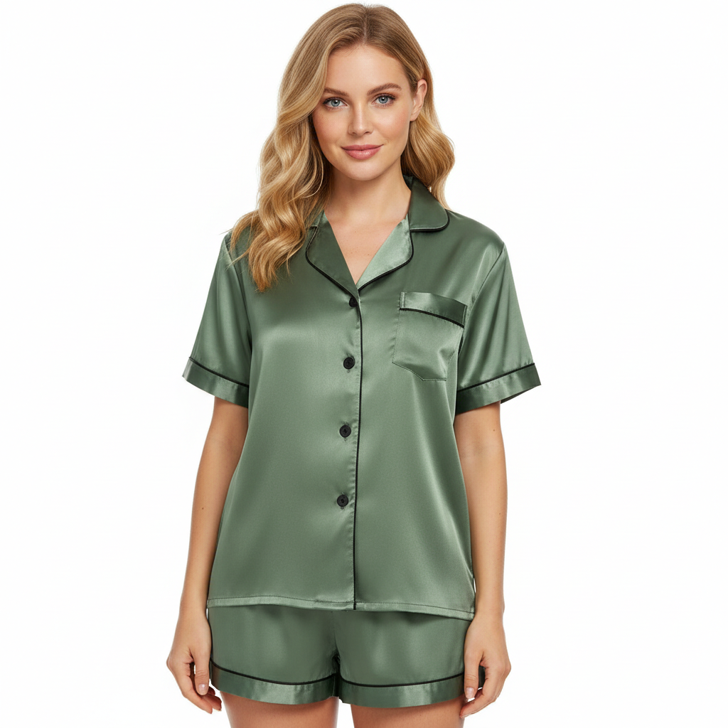 Two Piece Pajamas Set With Button Down Top And Shorts For Women