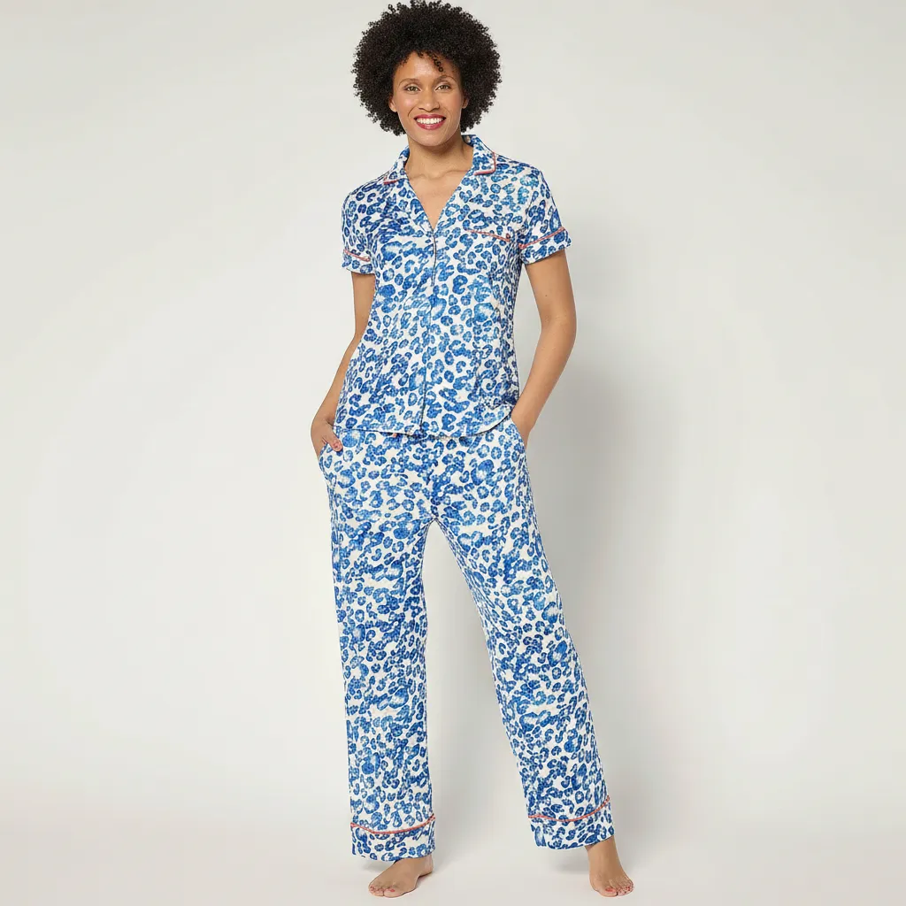 Two Piece Jersey Notch Collar Pajama Set With Short Sleeve Top For Women