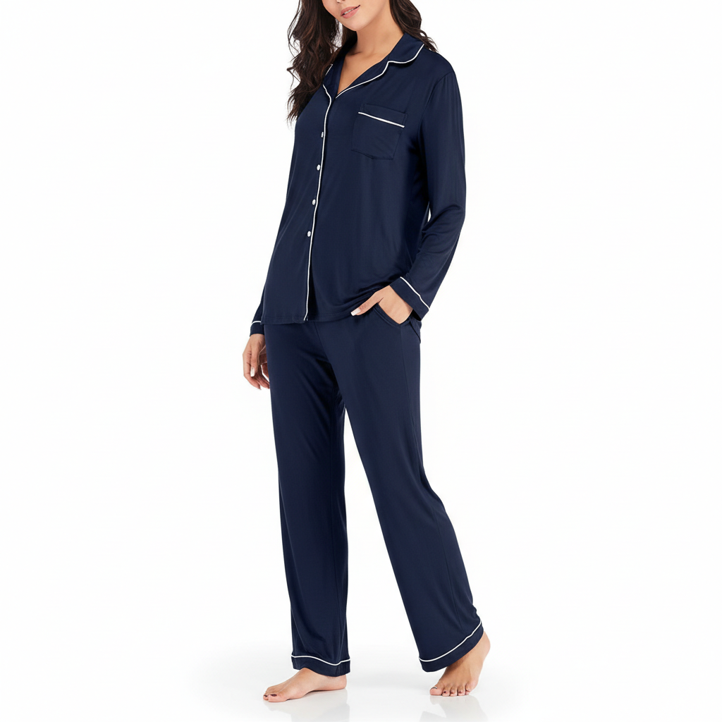 Long Sleeve Button Down Pajama Set Lounge Sleepwear For Women