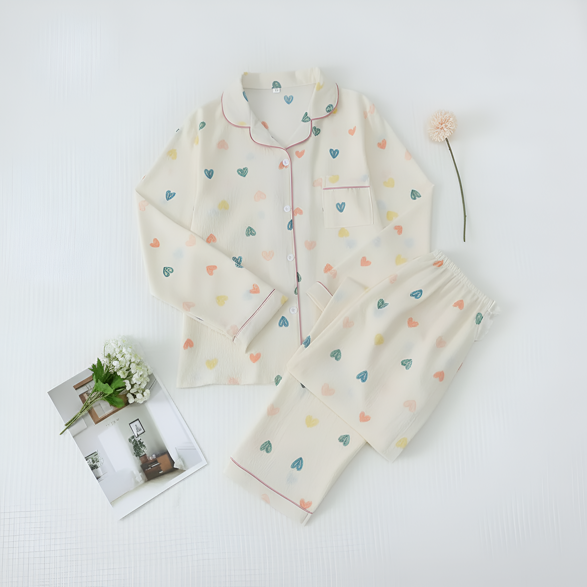 Printed Long Sleeve Pajama Set With Button Details For Women With Lapel Pocket