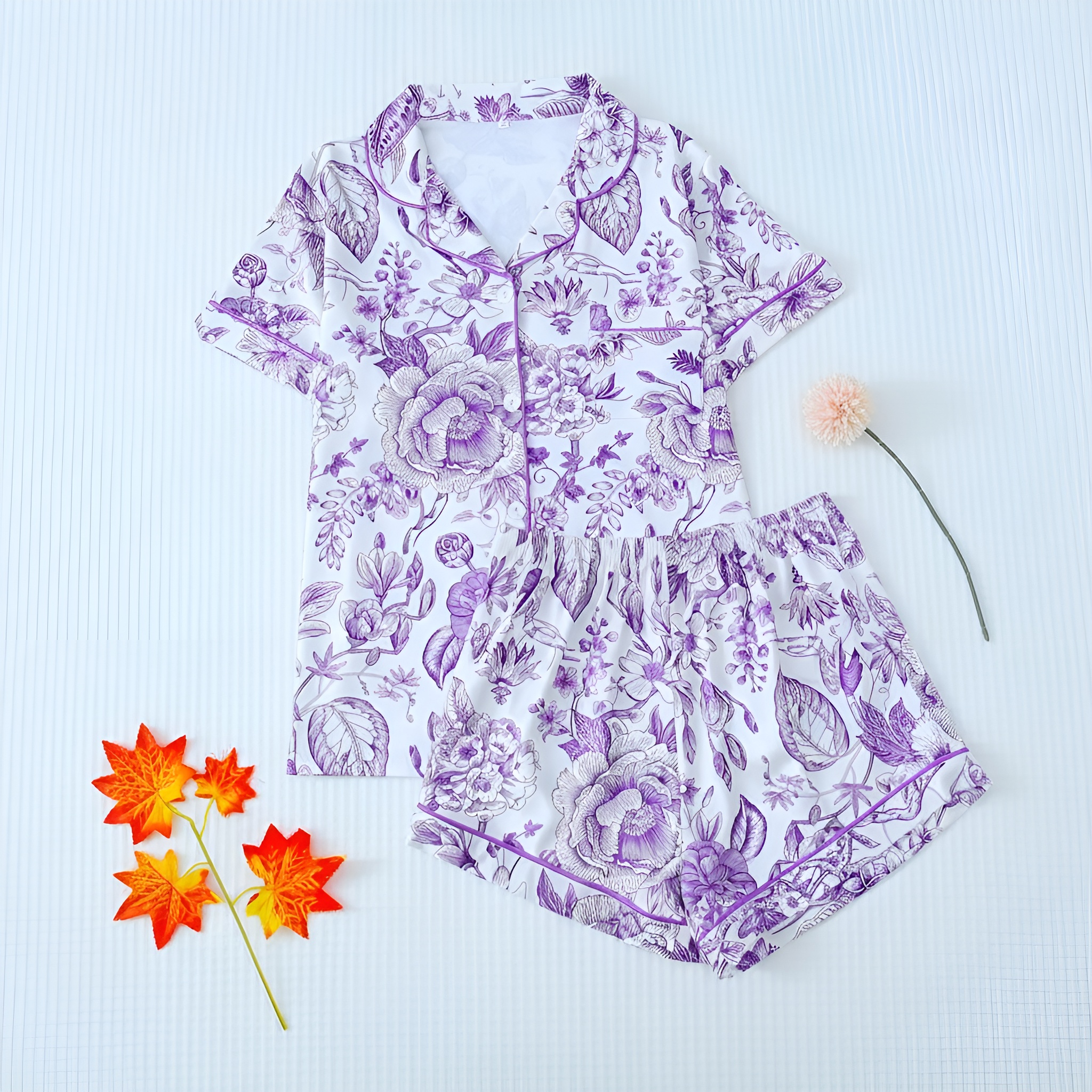 Floral Print Lapel Short Sleeve Contrast Pajama Set For Women