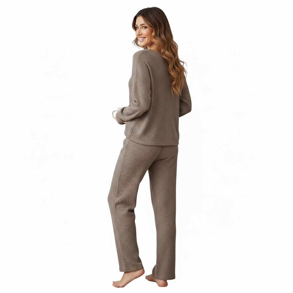 Waffle Knit Long Sleeve 2 Piece Lounge Wear Pajama Set For Women