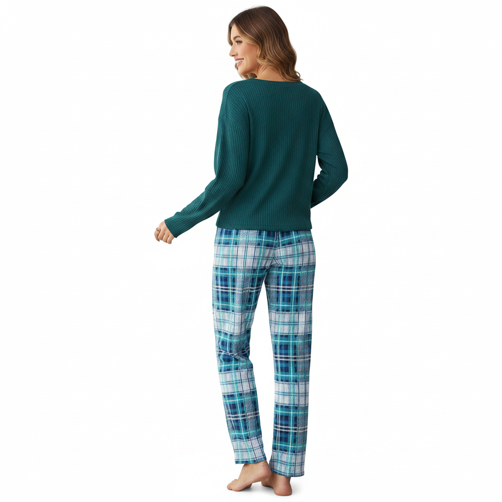 Waffle Knit Long Sleeve 2 Piece Lounge Wear Pajama Set For Women