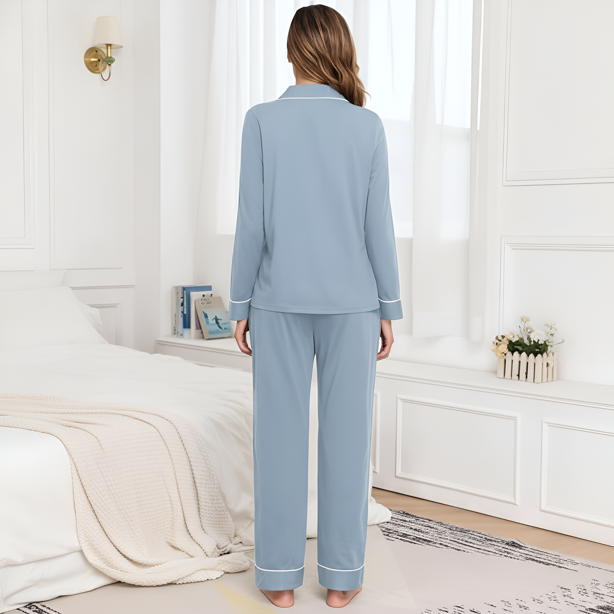 Long Sleeve Sleepwear Pajama Set With Button Down Design For Women