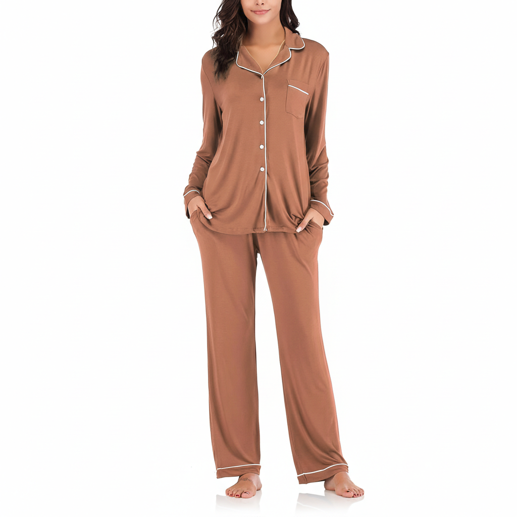 Long Sleeve Button Down Pajama Set Lounge Sleepwear For Women