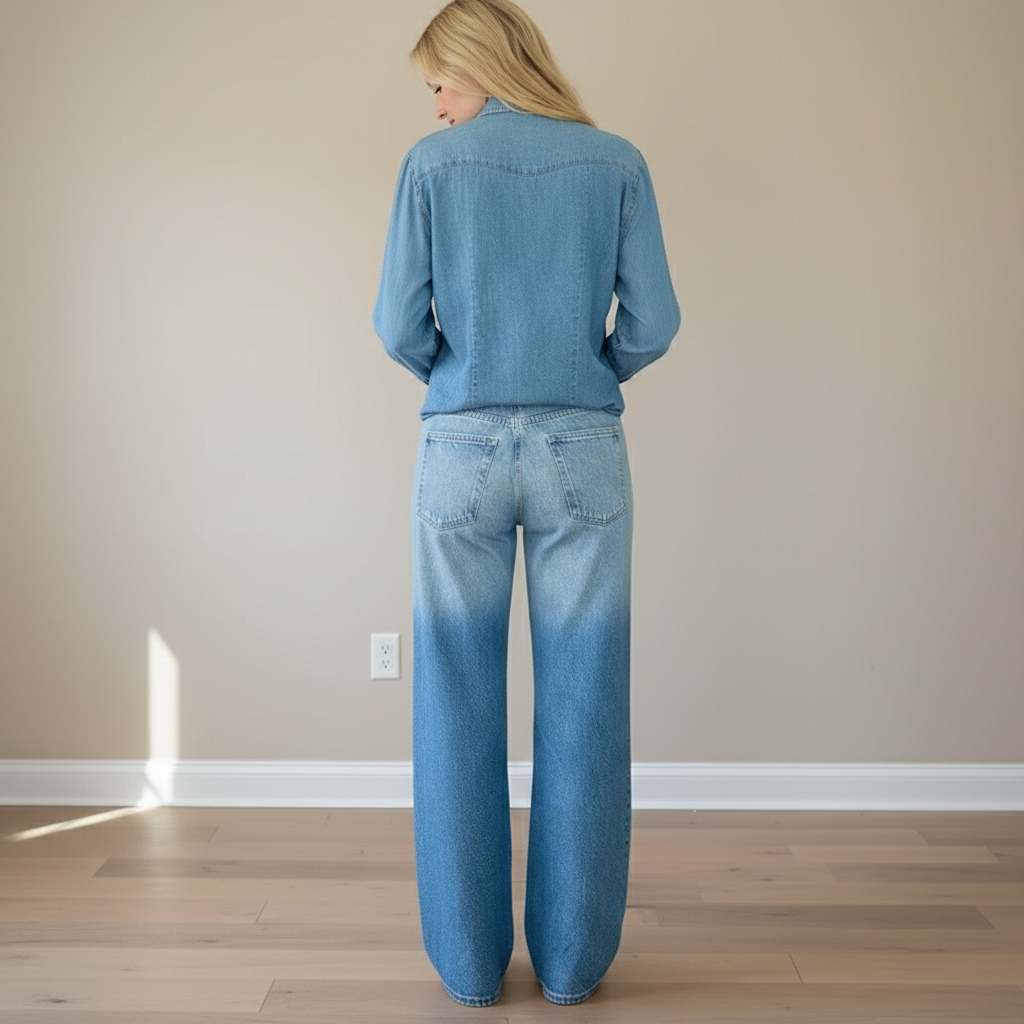 2 Piece Front Button Denim Look Pajama Set For Women