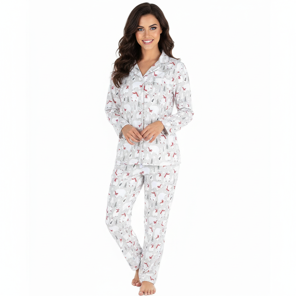 Flannel Button Down Long Sleeve Pajama Set For Women