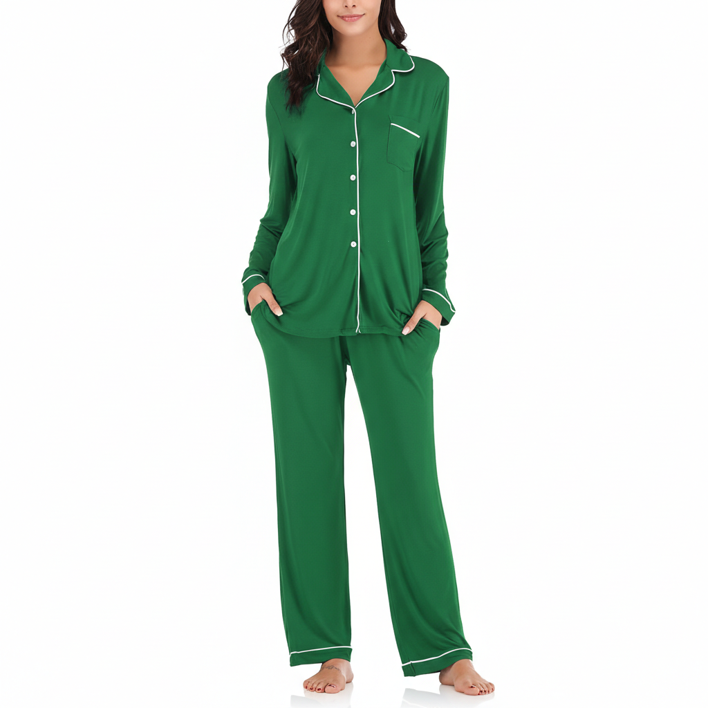 Long Sleeve Button Down Pajama Set Lounge Sleepwear For Women
