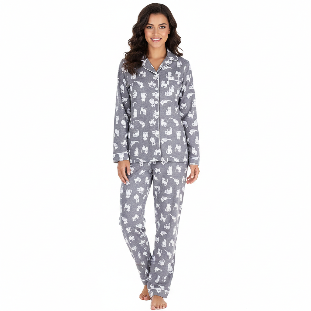Flannel Button Down Long Sleeve Pajama Set For Women