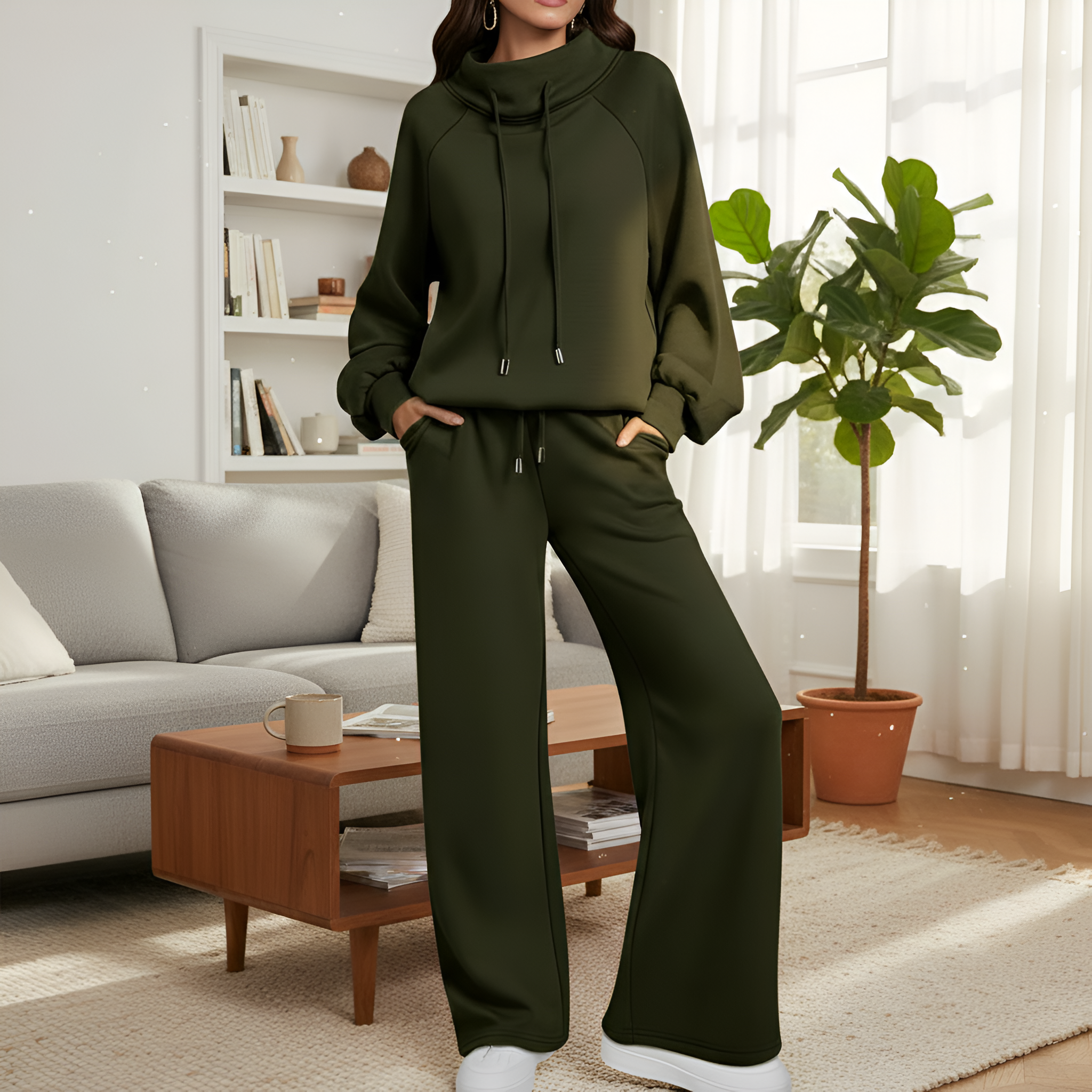 Two Piece Lounge Set With Drawstring Top And Matching Wide Pants For Women