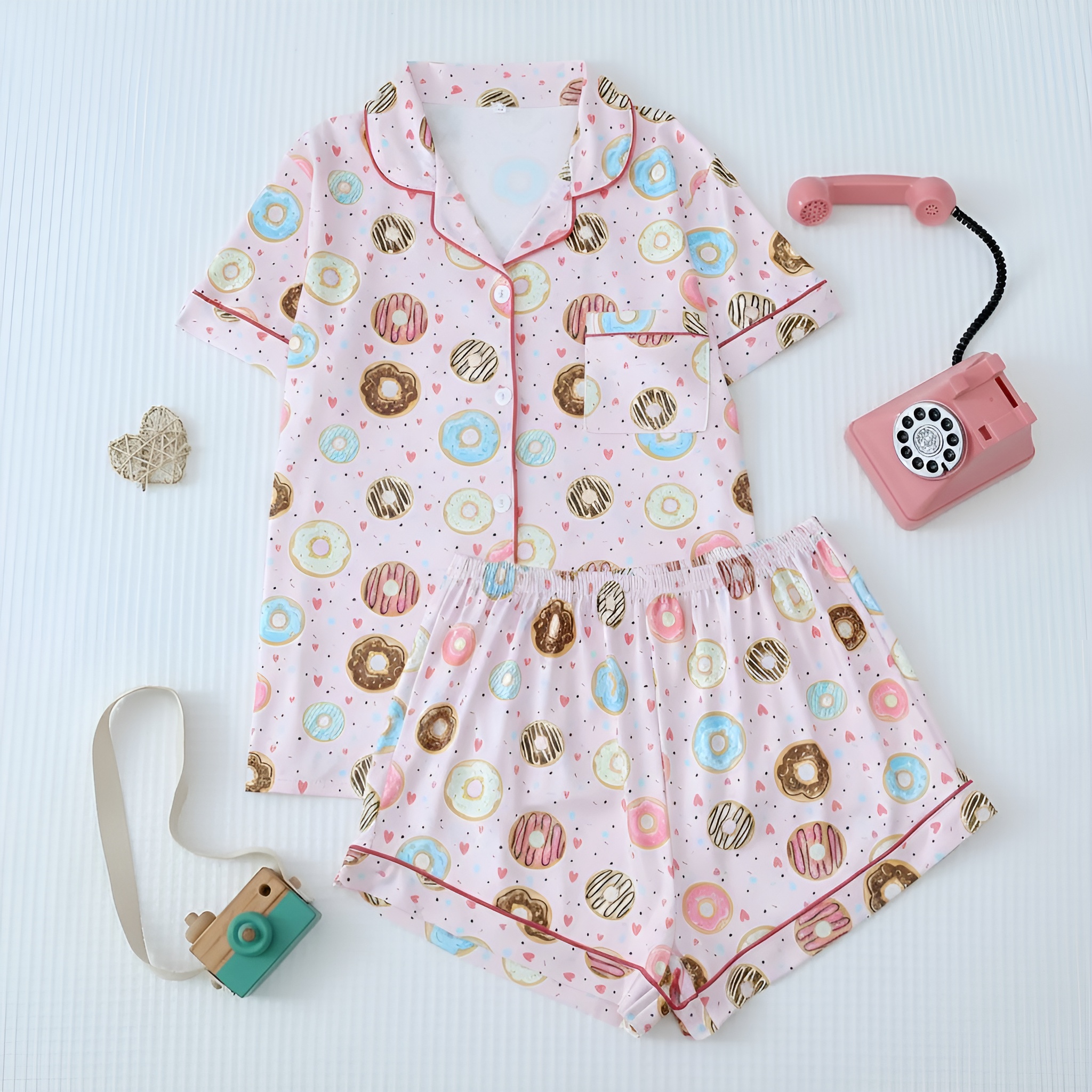 Floral Print Lapel Short Sleeve Contrast Pajama Set For Women