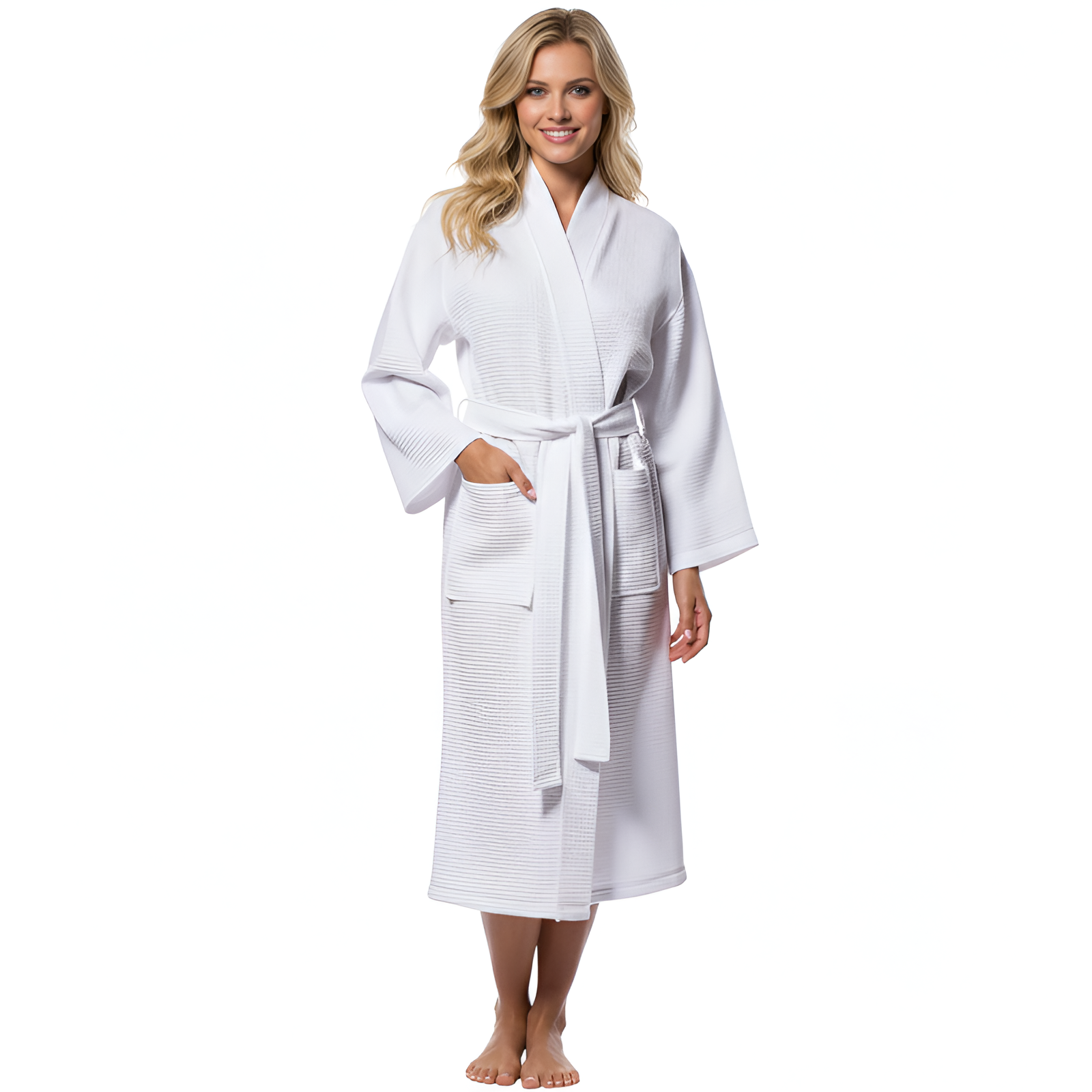 Lightweight Waffle Kimono Style Full Length Bathrobe