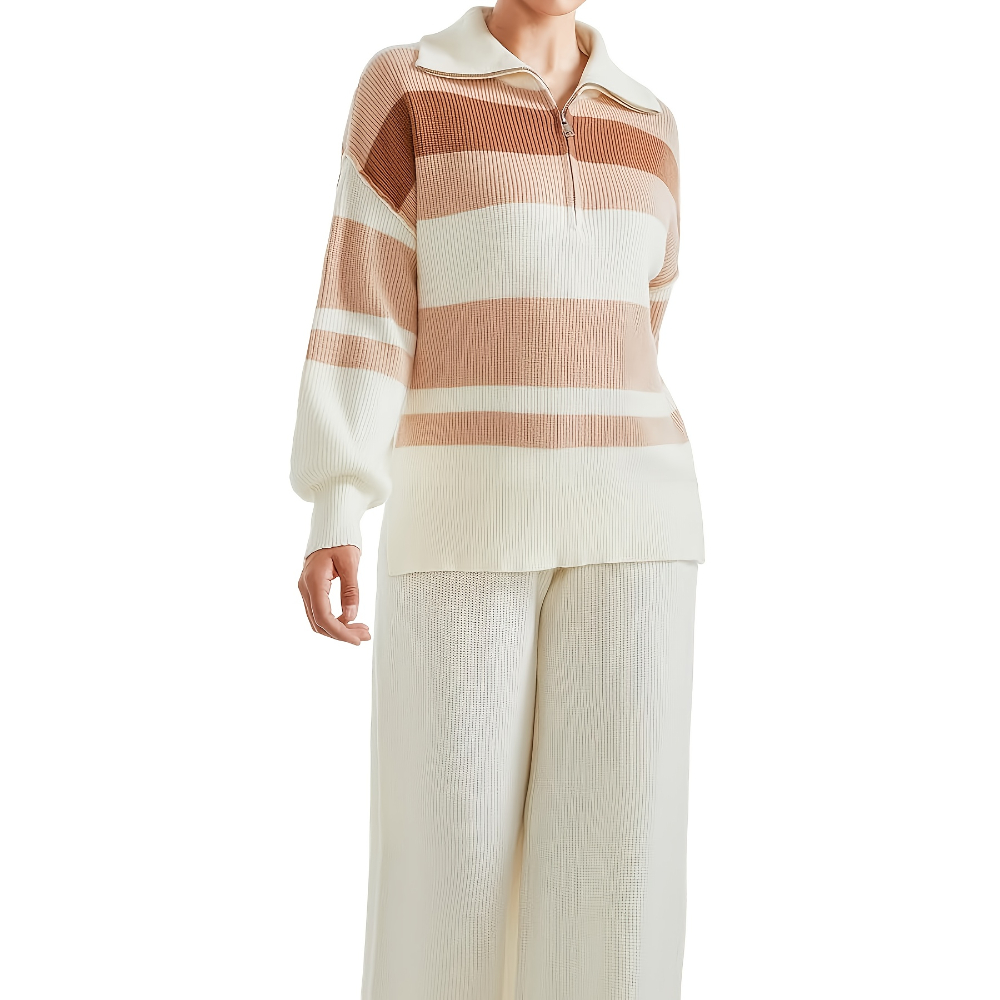 Zip Collar Knit Top Pant Set