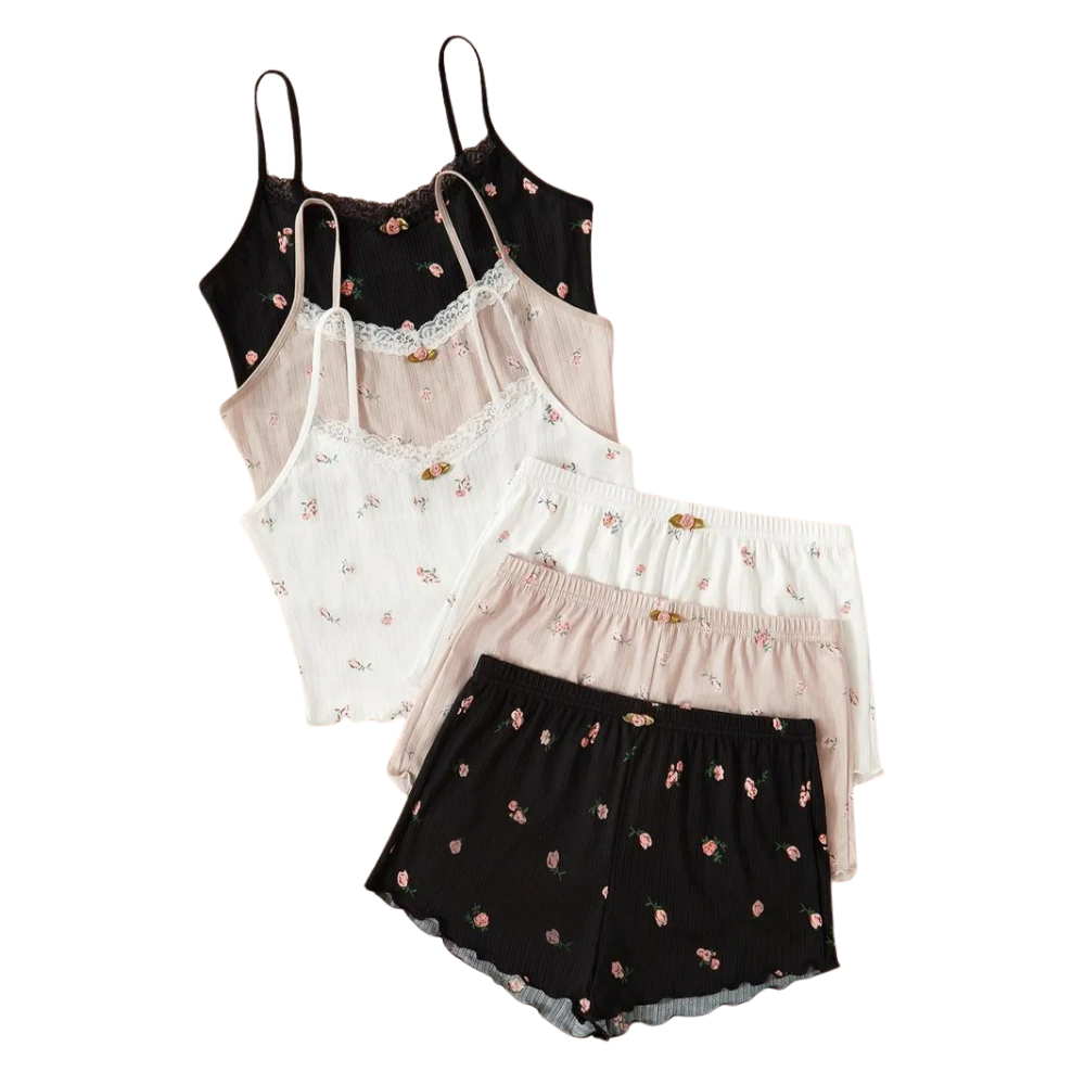 2 Piece Pajama Set With Sleeveless Cami Top And Trim Shorts For Women