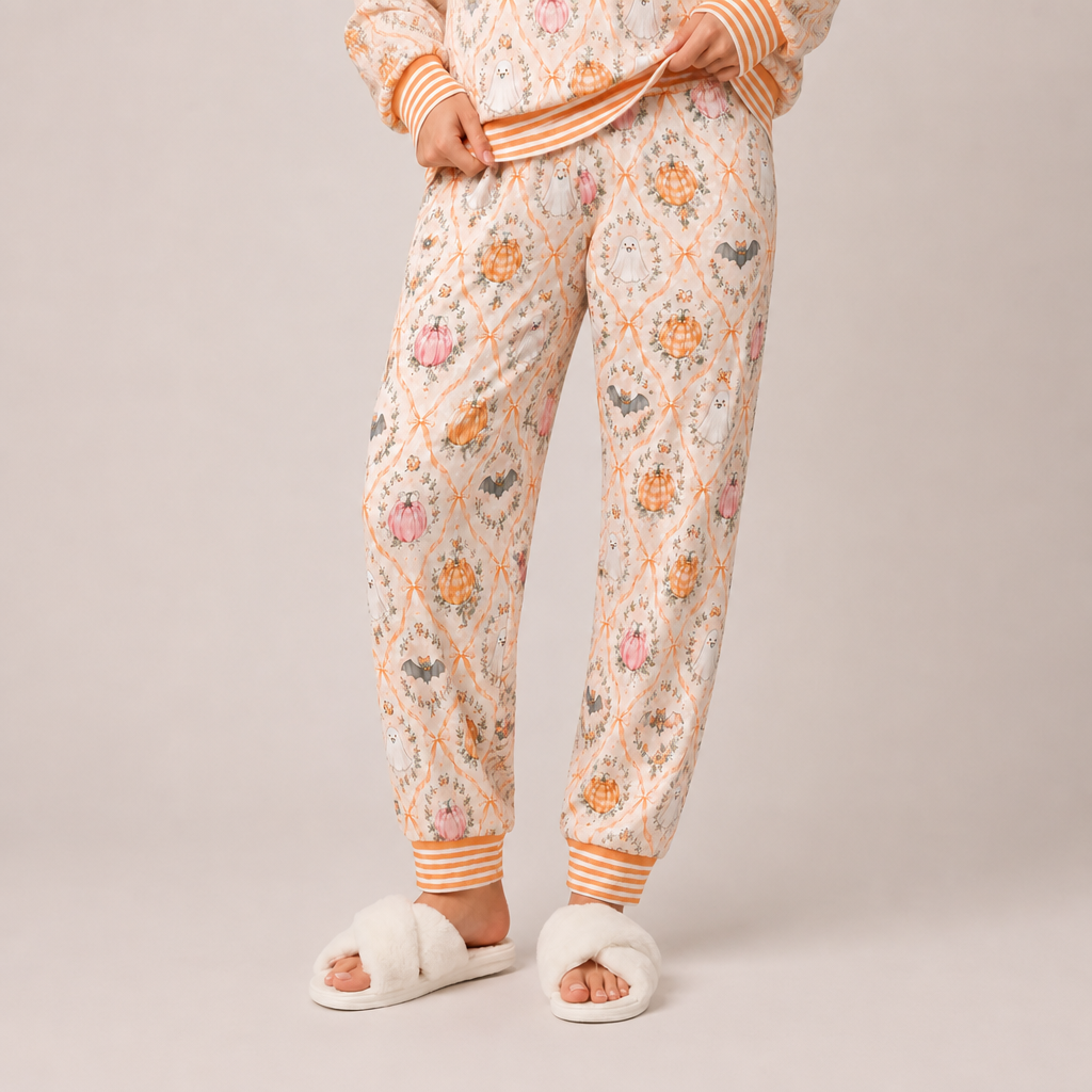 Halloween Pumpkin Print Two Piece Loungewear Pajama Set for Women