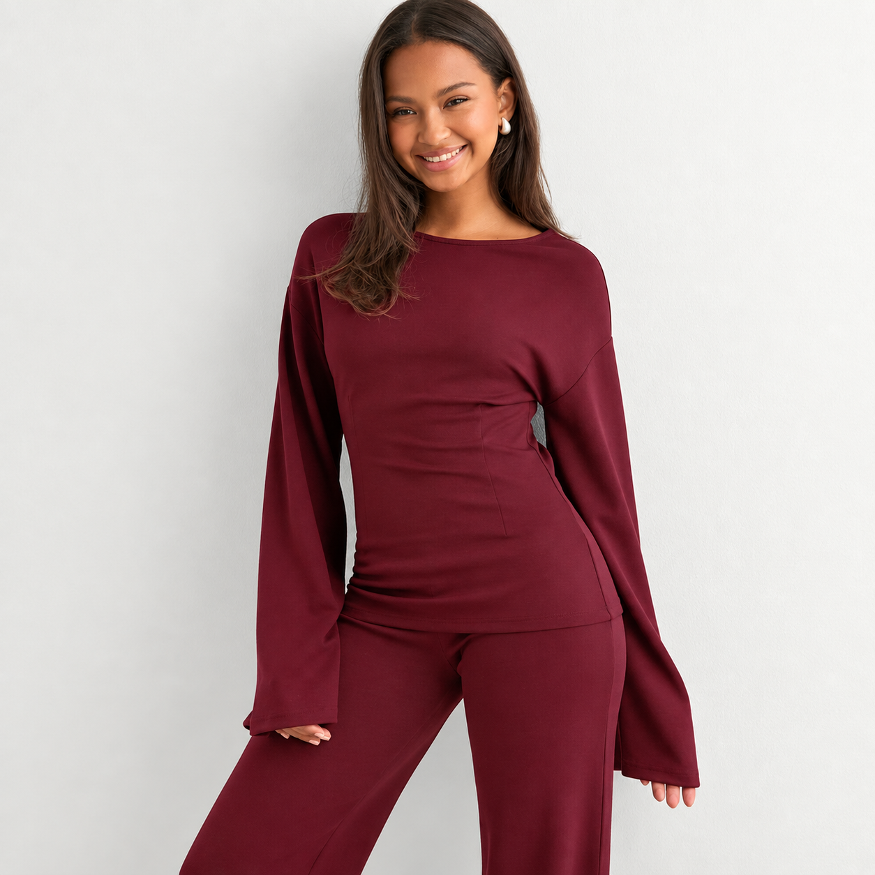 2 Pieces Flare Sleeve Top And Straight Length Pants For Women