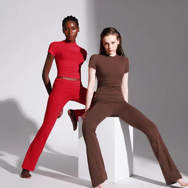 Casual Lounge Set With Short Sleeve Top And Flare Pants For Women