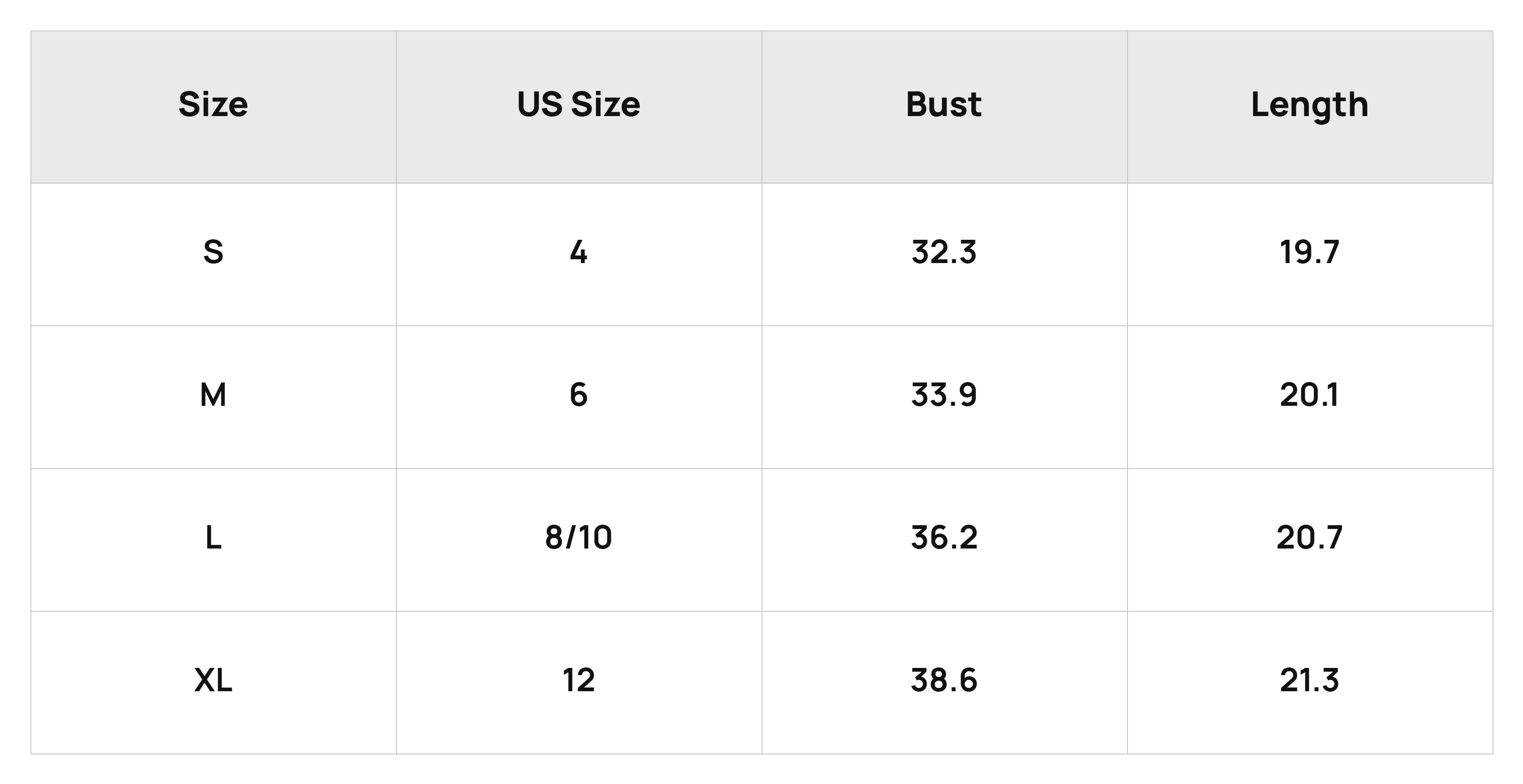 Size Chart Tops Product Size Chart