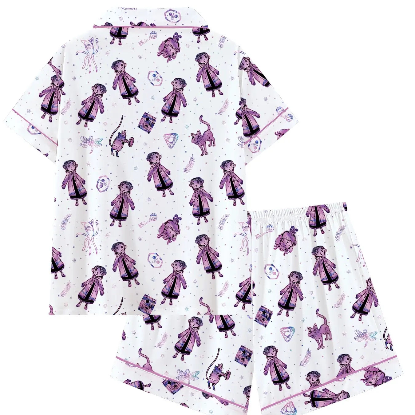 2 Pieces Cartoon Printed Button Front Sleepwear Set For Women