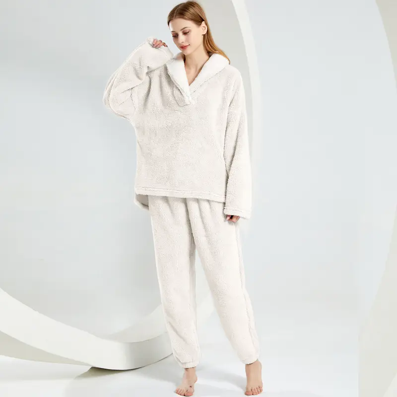 2 Piece Of Fluffy Long Sleeve Sleepwear Pajama Set With Pullover Pants For Women