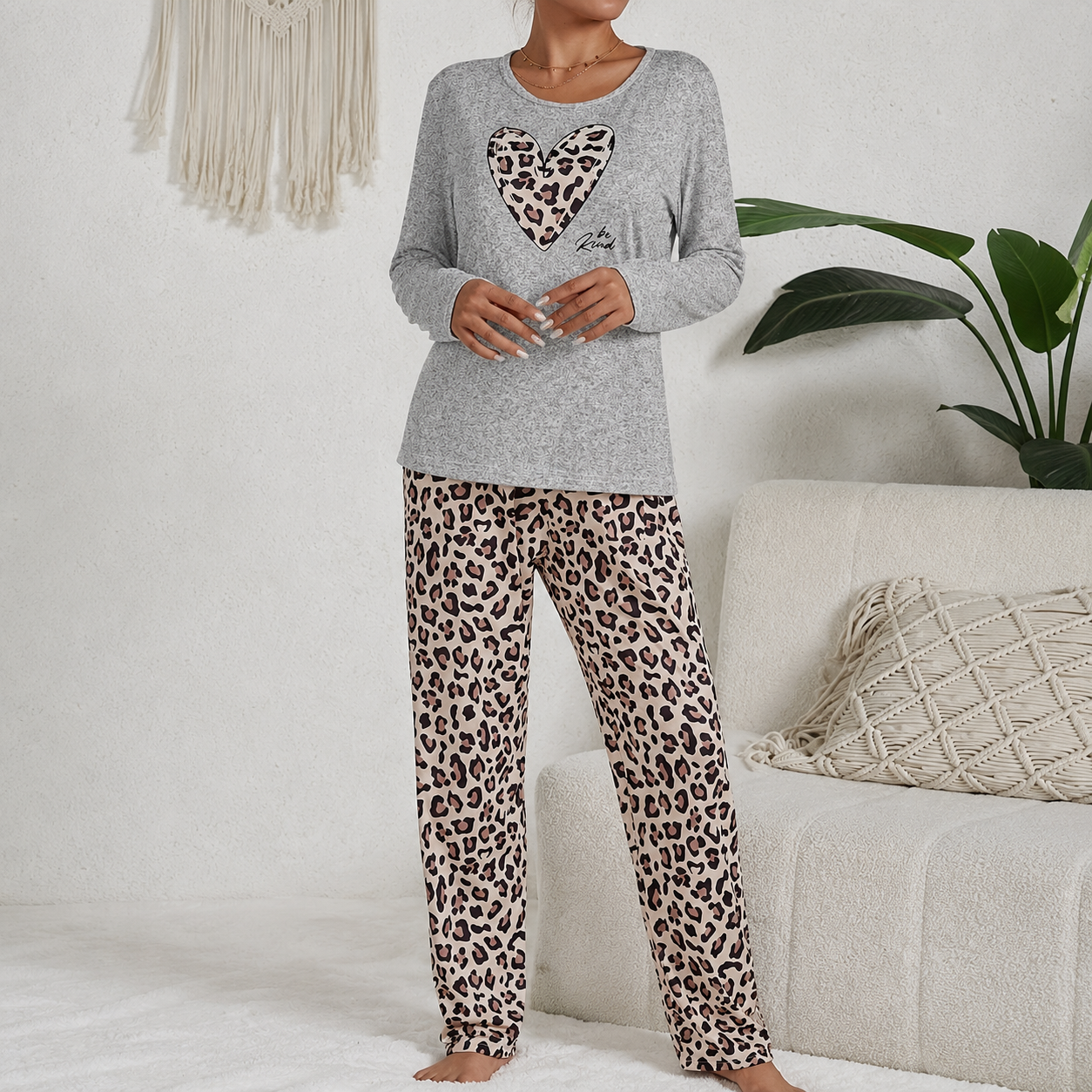 Casual Leopard Long Sleeve Pajama Set For Women
