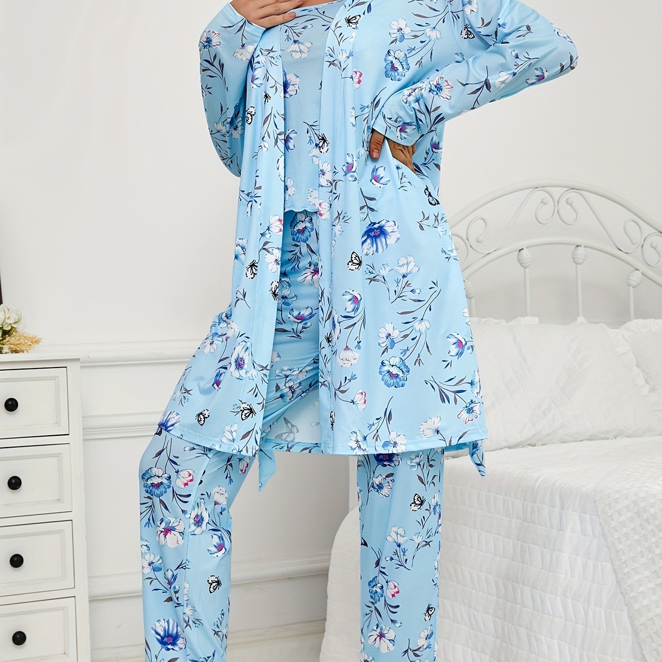 Three Piece Knit Pajama Set With Long Sleeve Belted Robe