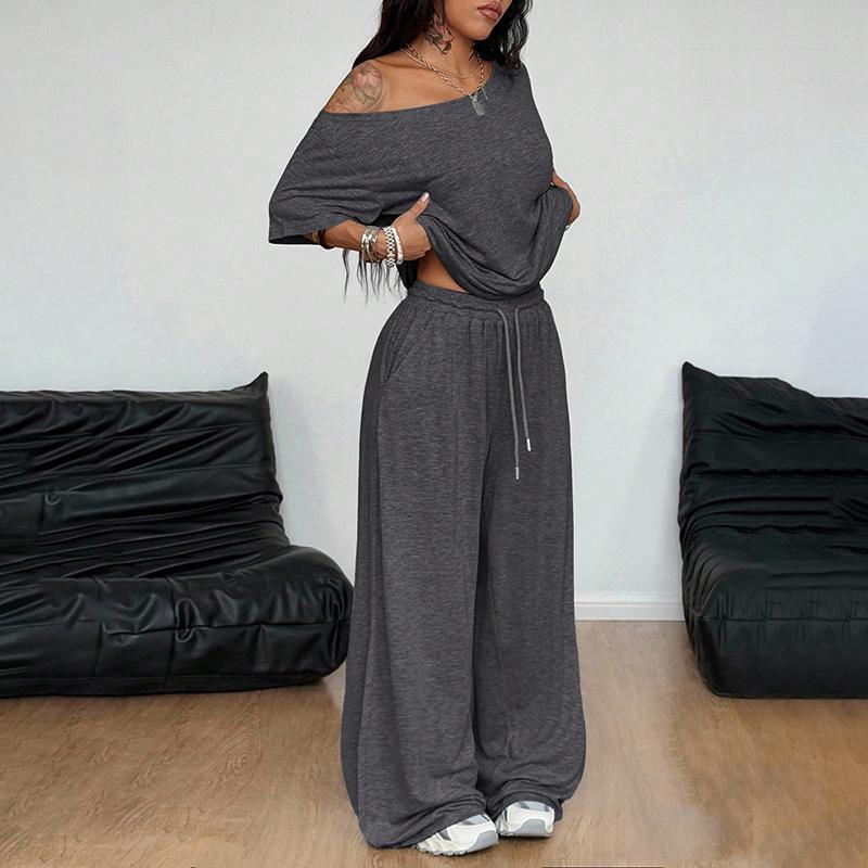 Two Piece Of Oversized Pullover Sweatshirt And Wide Pants Lounge Set For Women