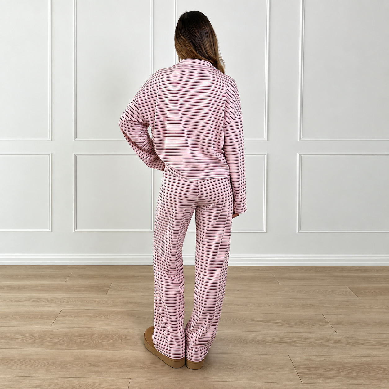 Striped Long Sleeve Top and Elastic Pants 2 Piece Casual Travel Set for Women