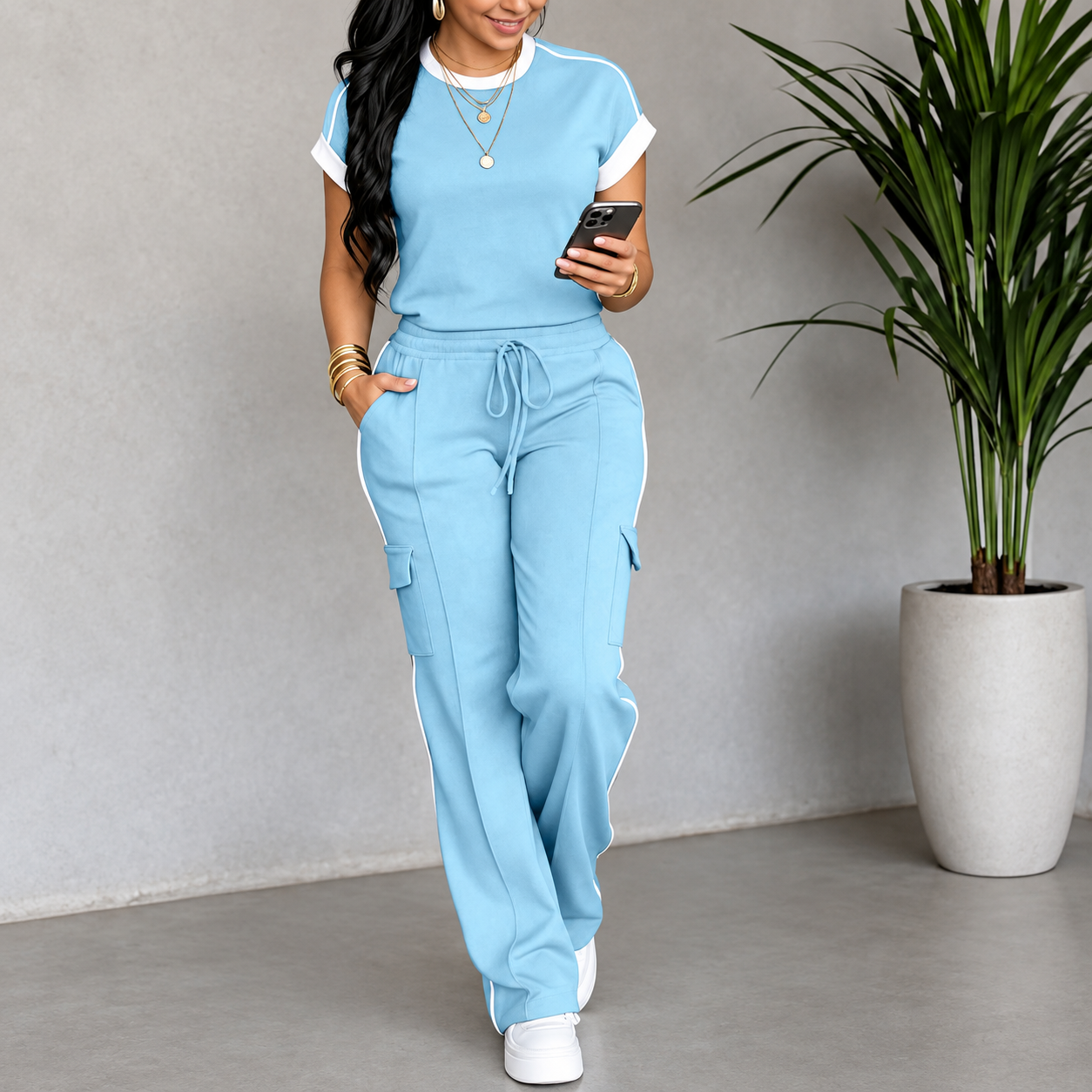 2 Pieces Short Sleeve Top And Pants Set For Women
