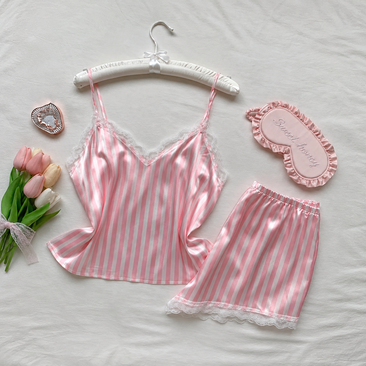 Striped Lace Trim Camisole and Shorts 2 Piece Pajama Set for Women