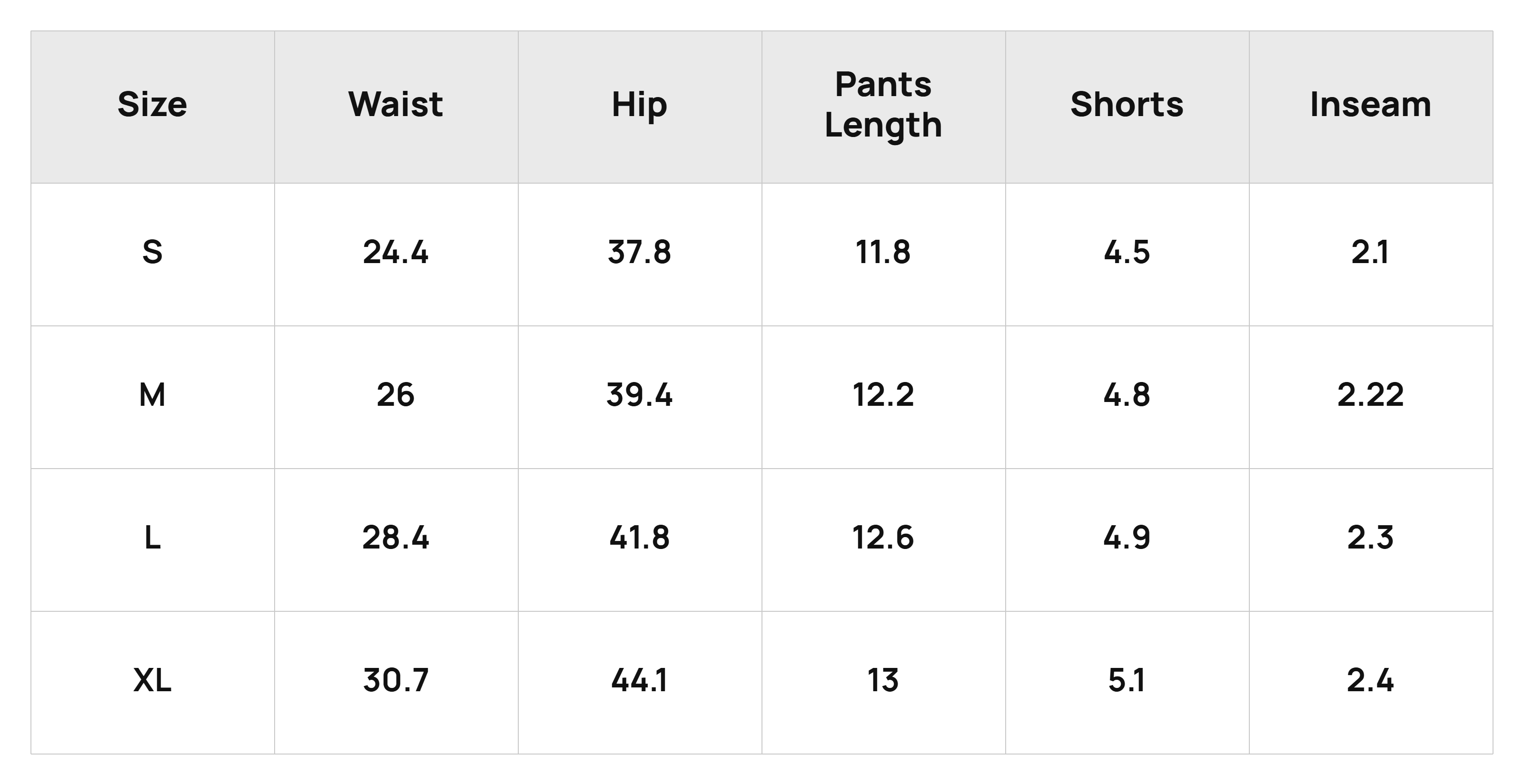 Size Chart Bottoms Product Size Chart