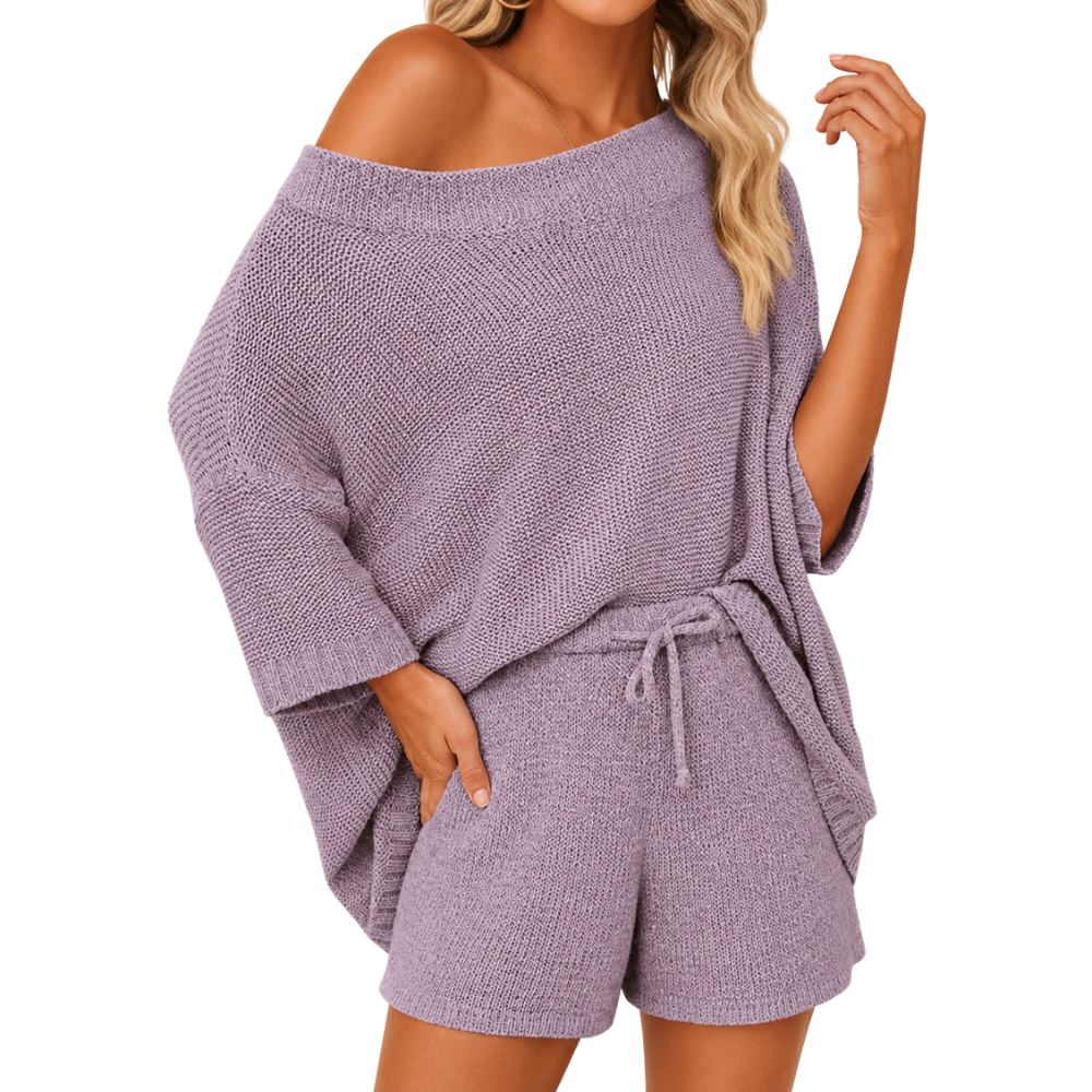 2 Piece Lounge Set With Oversized Top And Drawstring Shorts  For Women
