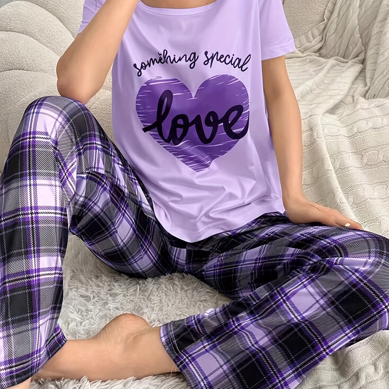 Casual Plaid Contrast Short Sleeve Comfy Pajama Set