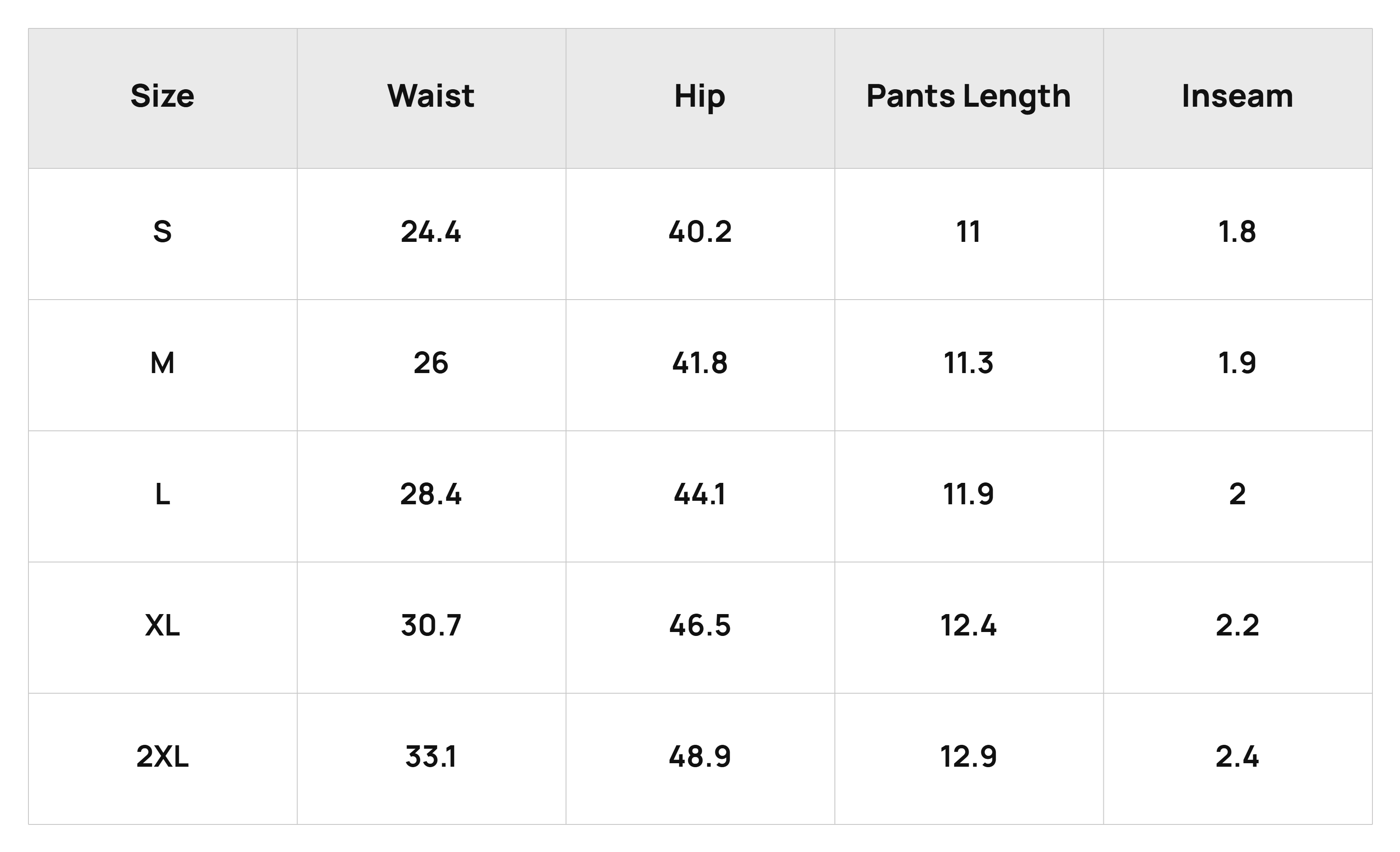 Size Chart Bottoms Product Size Chart