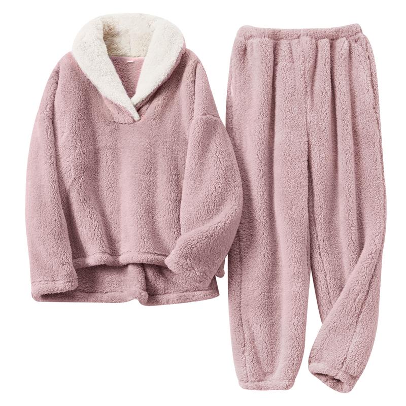 2 Piece Of Fluffy Long Sleeve Sleepwear Pajama Set With Pullover Pants For Women
