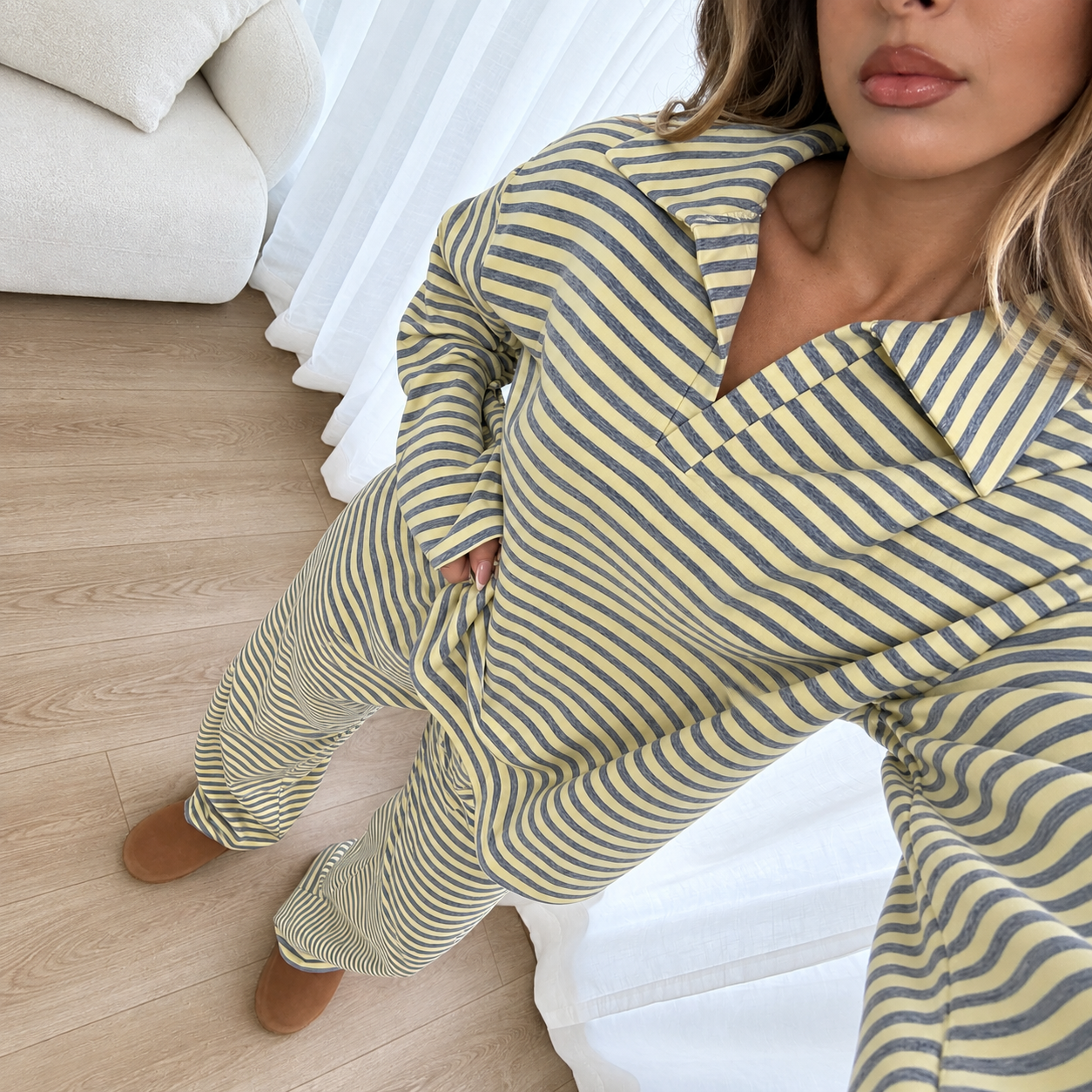 Striped Long Sleeve Top and Elastic Pants 2 Piece Casual Travel Set for Women