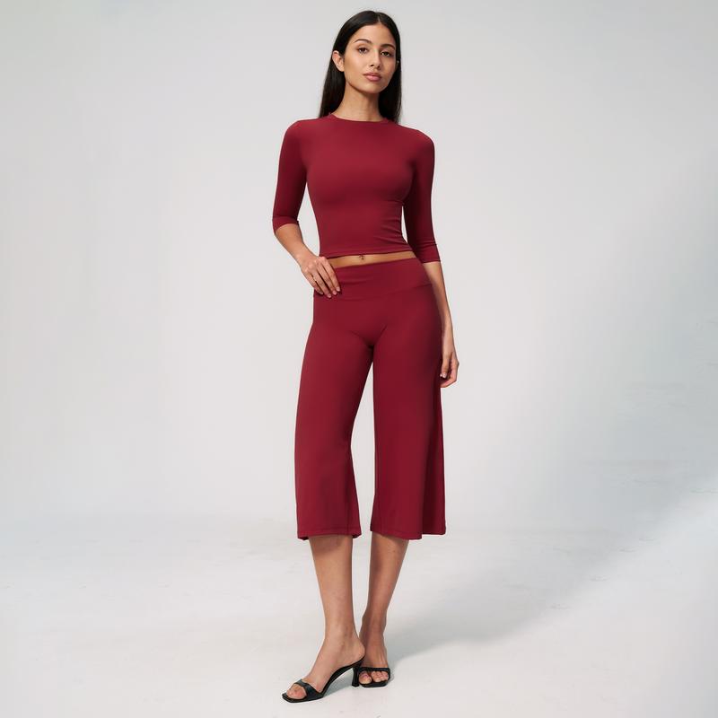 2 Pieces Flowy Pants And Elbow Sleeve Top Set For Women