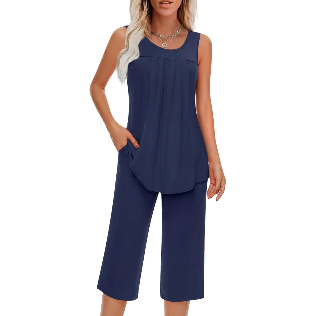 2 Piece Pajama Set Soft Summer Sleeveless Tank Top And Pants With Pockets For Women