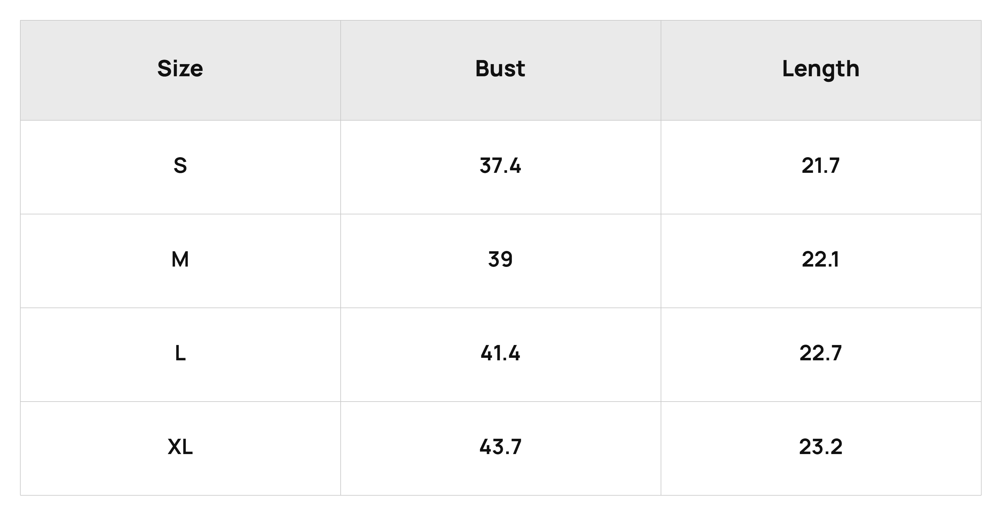 Size Chart Tops Product Size Chart