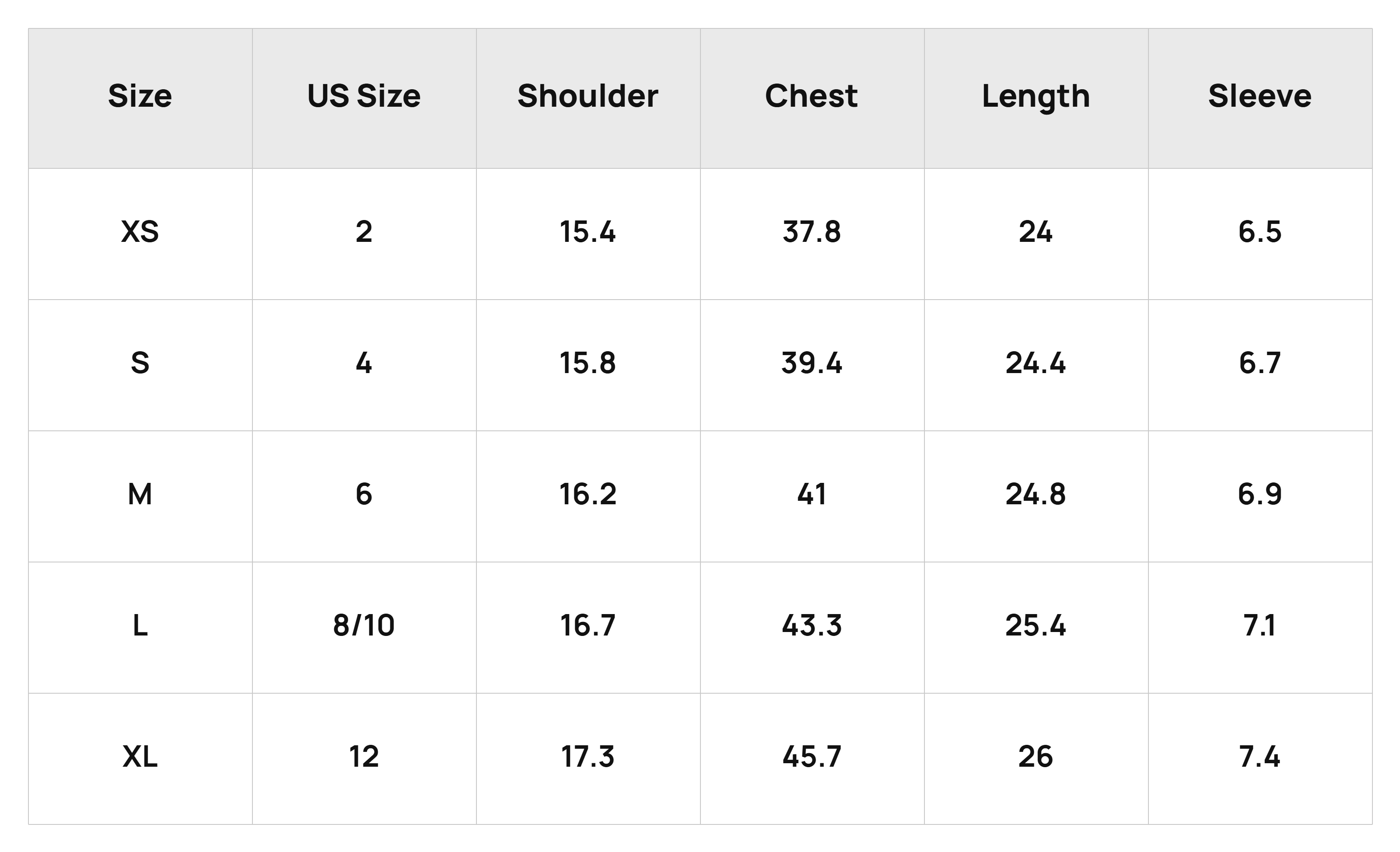 Size Chart Tops Product Size Chart