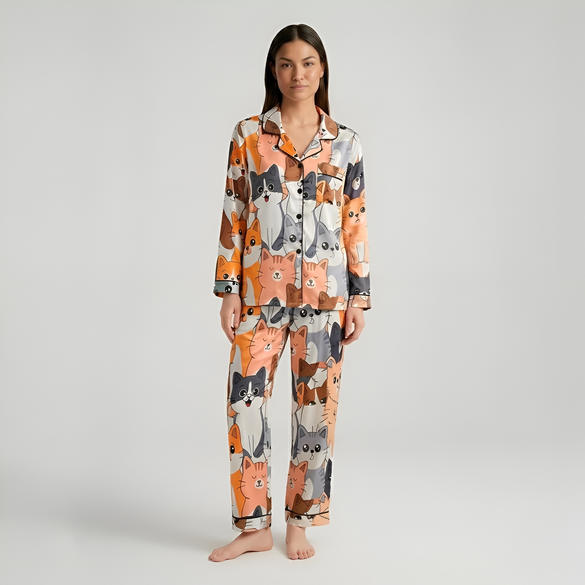 Long Sleeve Women Cat Print Matching Pajama Set