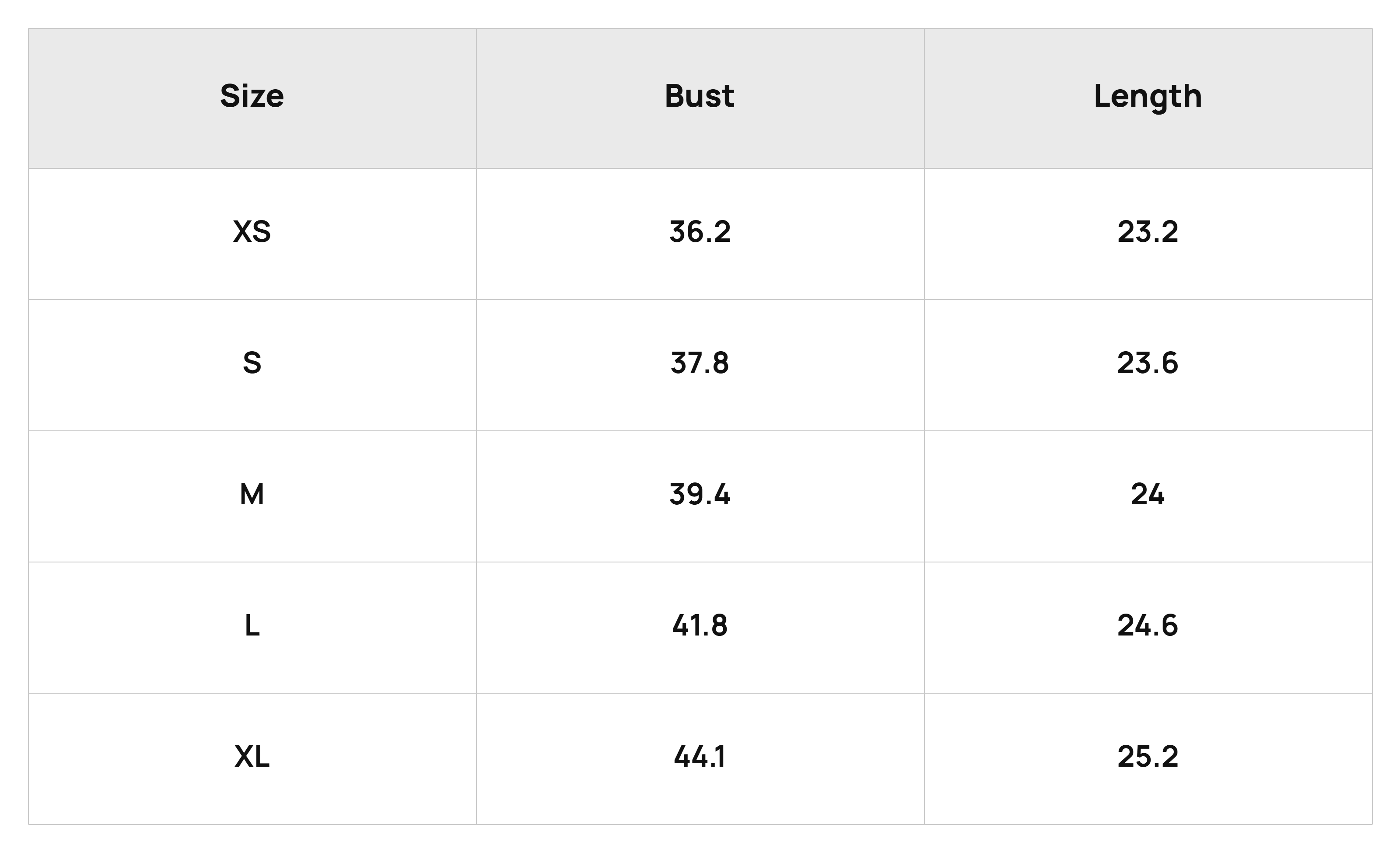Size Chart Tops Product Size Chart