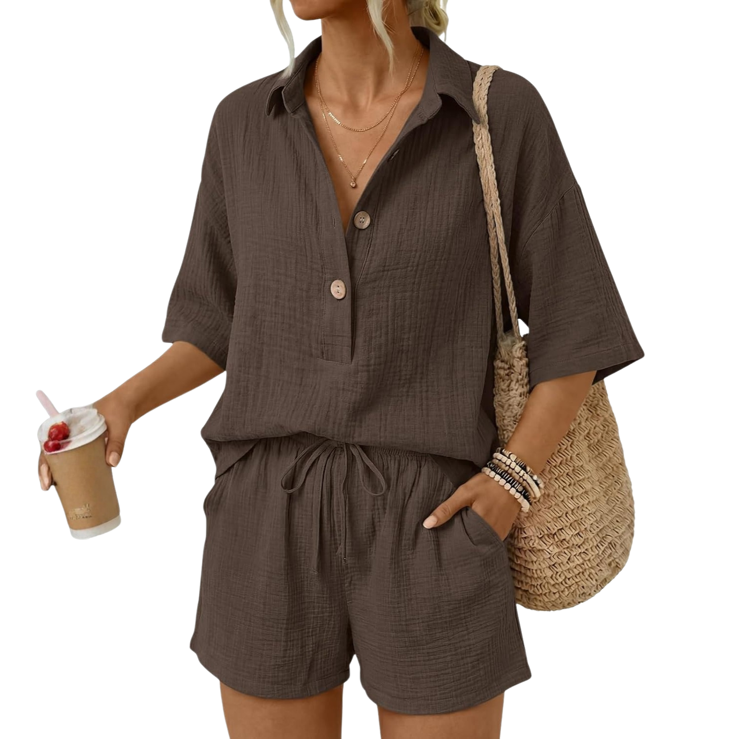 Linen Short Sleeve Summer Vacation Beach Short Sets For Women