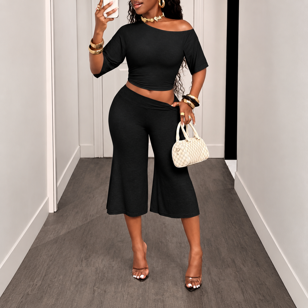 Asymmetrical Cropped T Shirt and Wide Cut Capri Pants 2 Piece Casual Set for Women