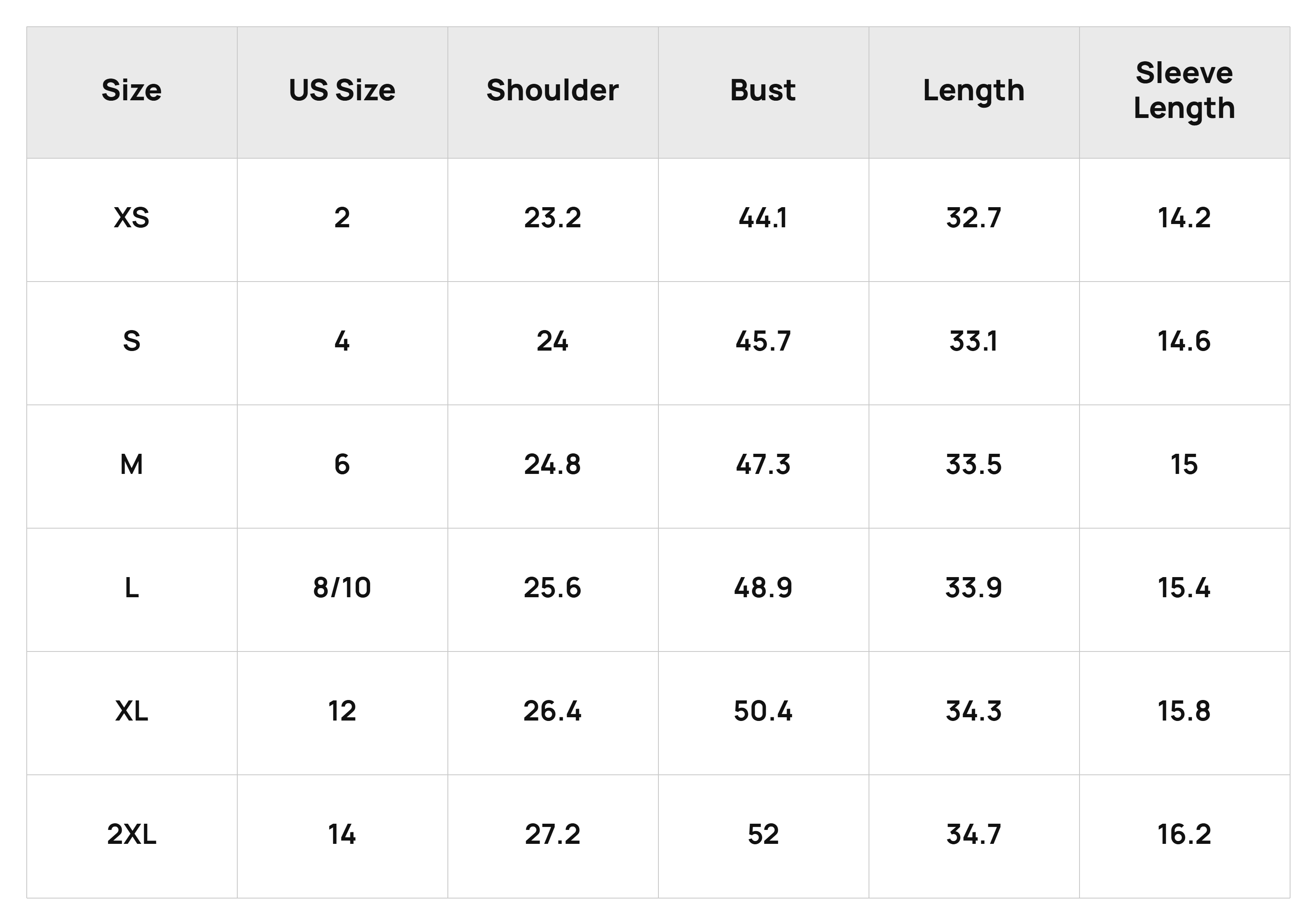 Size Chart Tops Product Size Chart