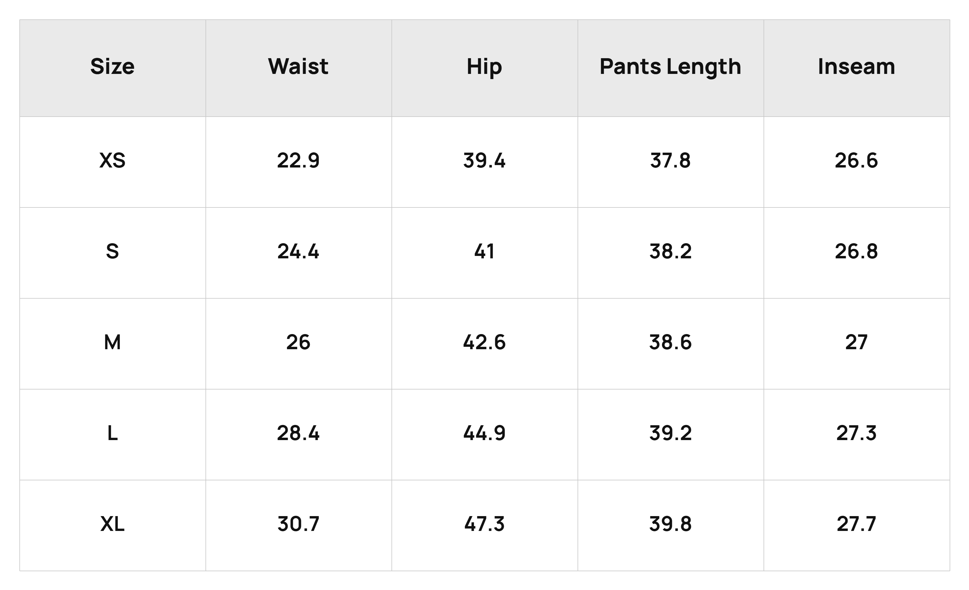 Size Chart Bottoms Product Size Chart