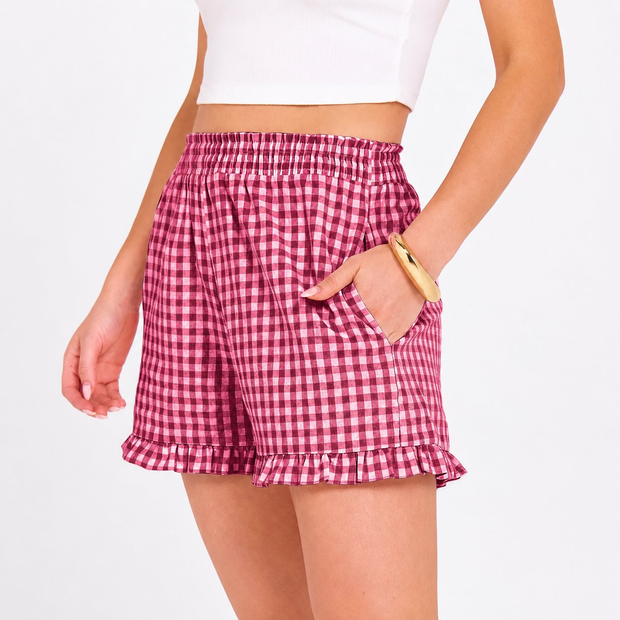 Plaid Ruffle Lounge Pajama Shorts With Pockets For Women 